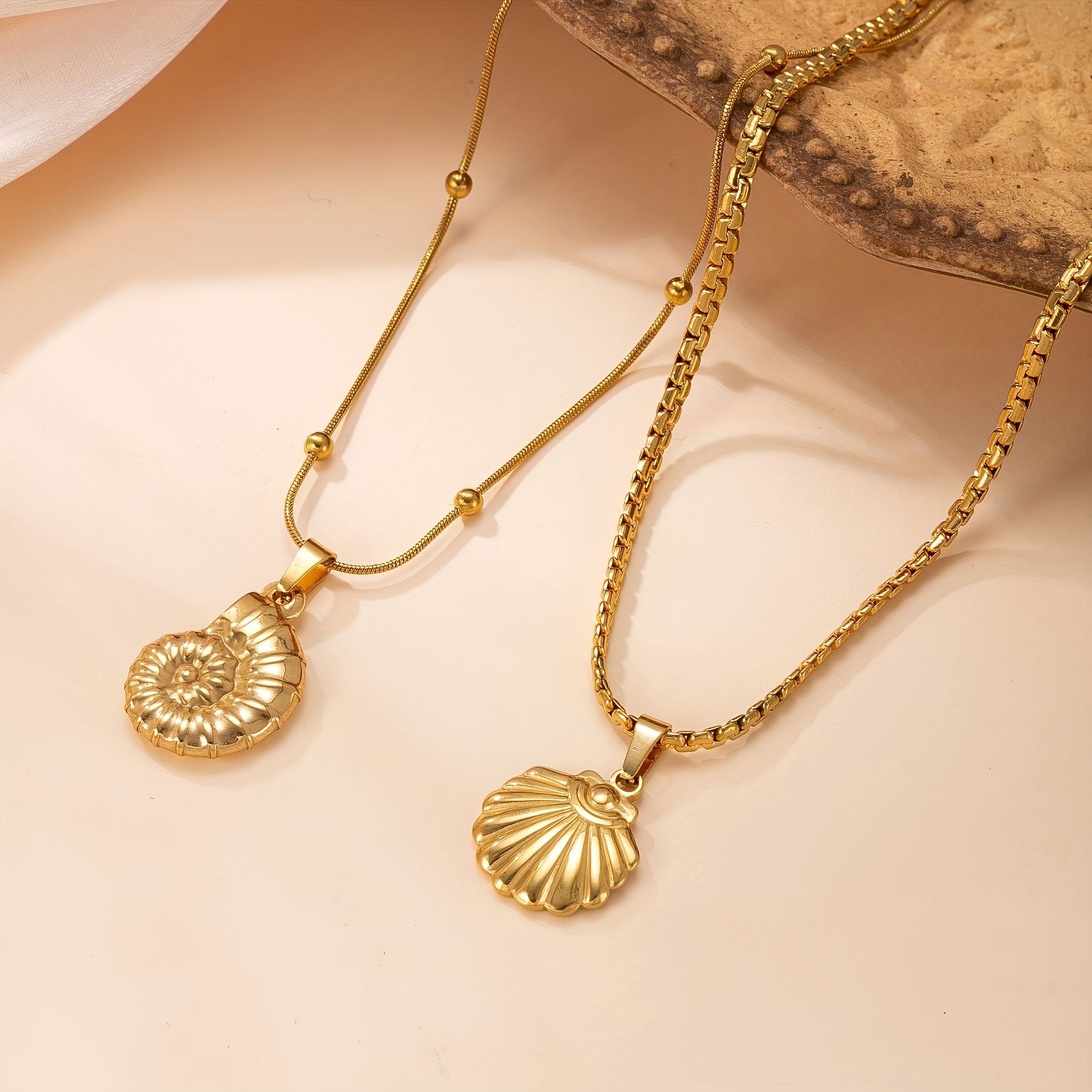 2pc 18K Gold Plated Conch Shell Layered Necklaces, Vintage Style